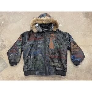 Pelle Moda Jacket Mens 3XL Multicolor Leather Hooded City Map Bomber Embroidered